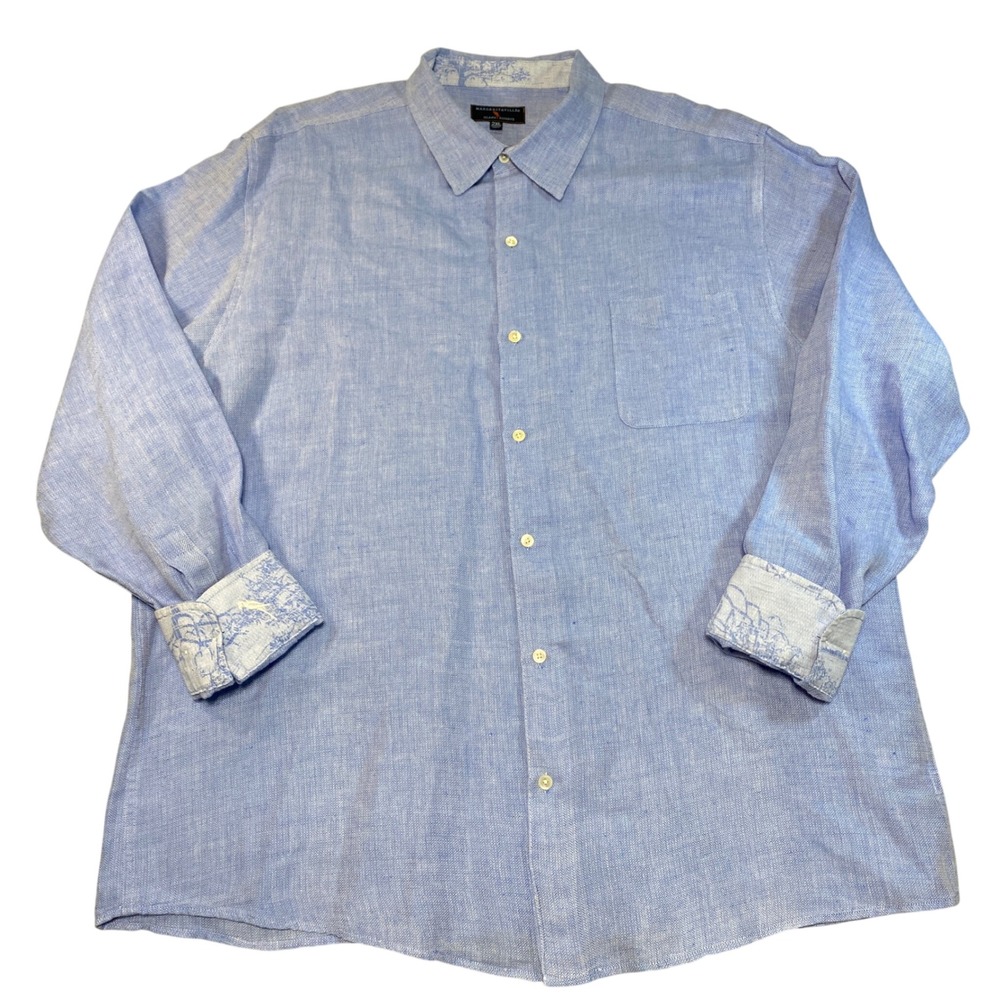 Margaritaville Island Reserve Mens 2XL Blue Herringbone Rayon Button Down Shirt